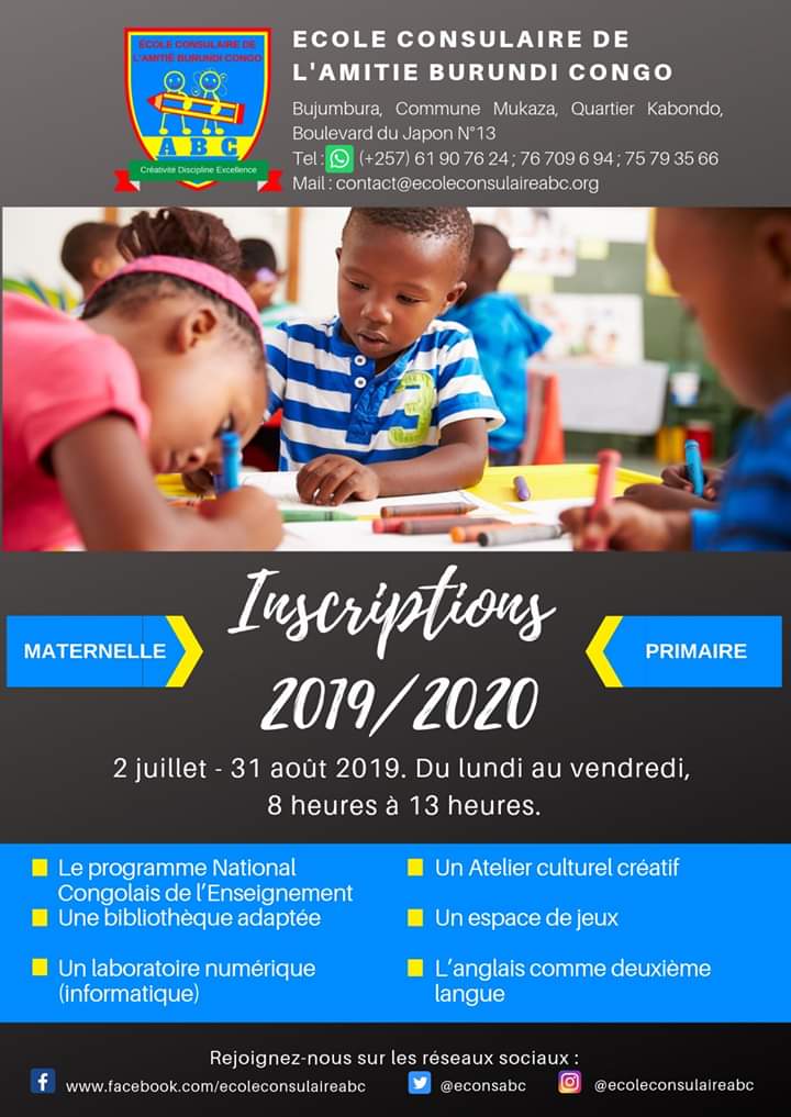 SORAZIZ's tweet photo. Les inscriptions continuent à l'école consulaire de l'Amitié Burundi-Congo. Encore quelques places disponibles. Nos équipes vous attendent du lundi au vendredi de 08h à 13h.
ABC: Créativité-Discipline-Excellence https://t.co/ksE3Zw9xVA