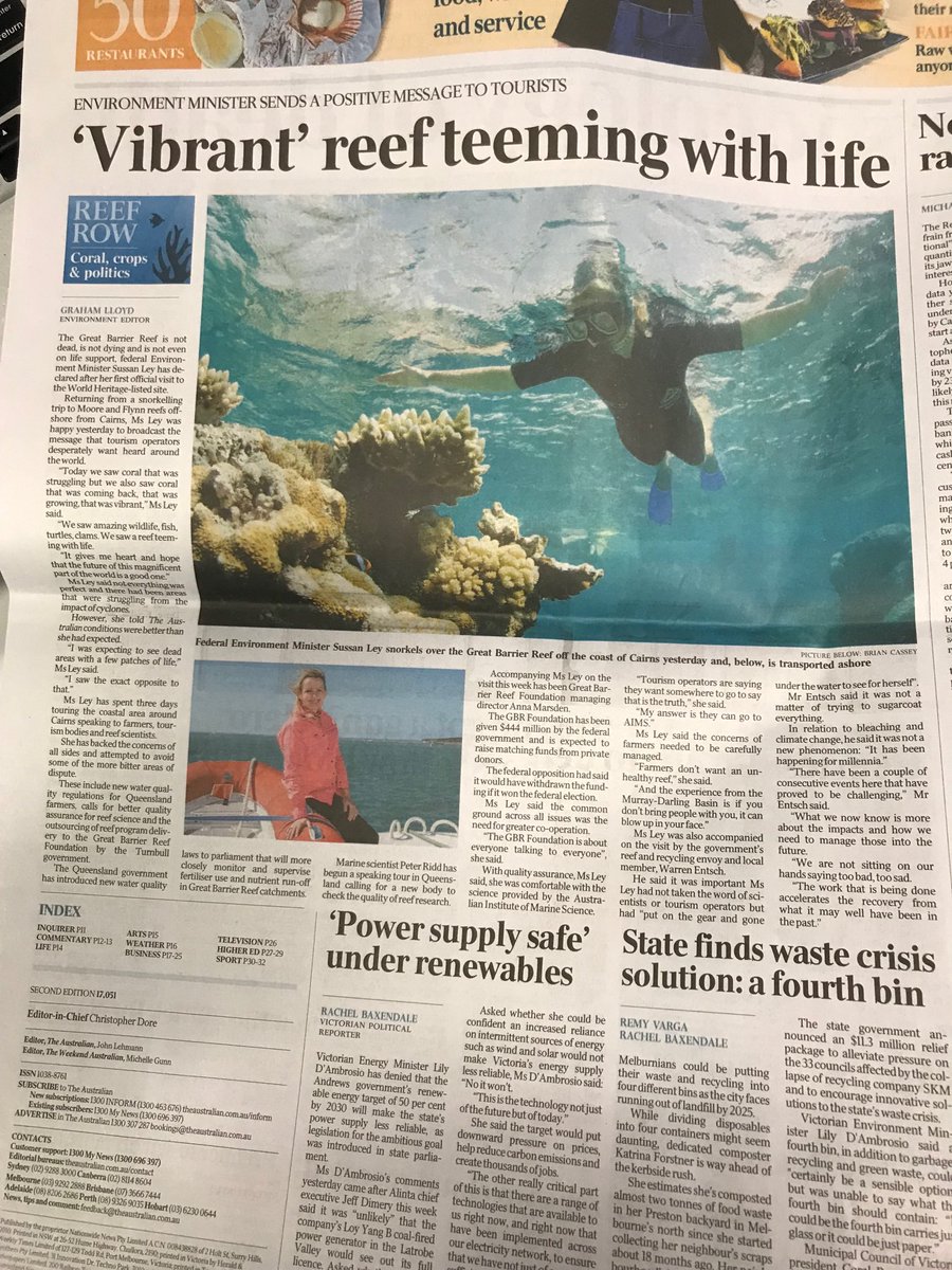 p_hannam's tweet photo. Mmm...’it was important Ms Ley has not taken the word of scientists’... ⁦@sussanley⁩ goes to the Great Barrier Reef... https://t.co/w0wkqrM2aG