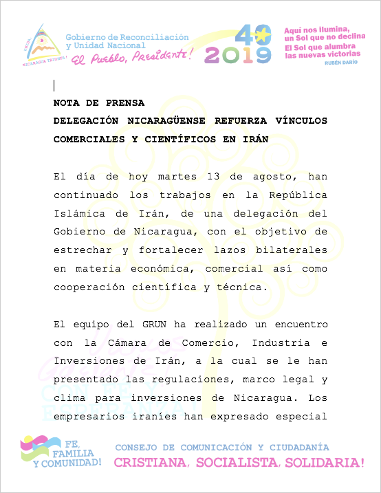 Delegación de Nicaragua refuerza vínculos comerciales y científicos con Irán