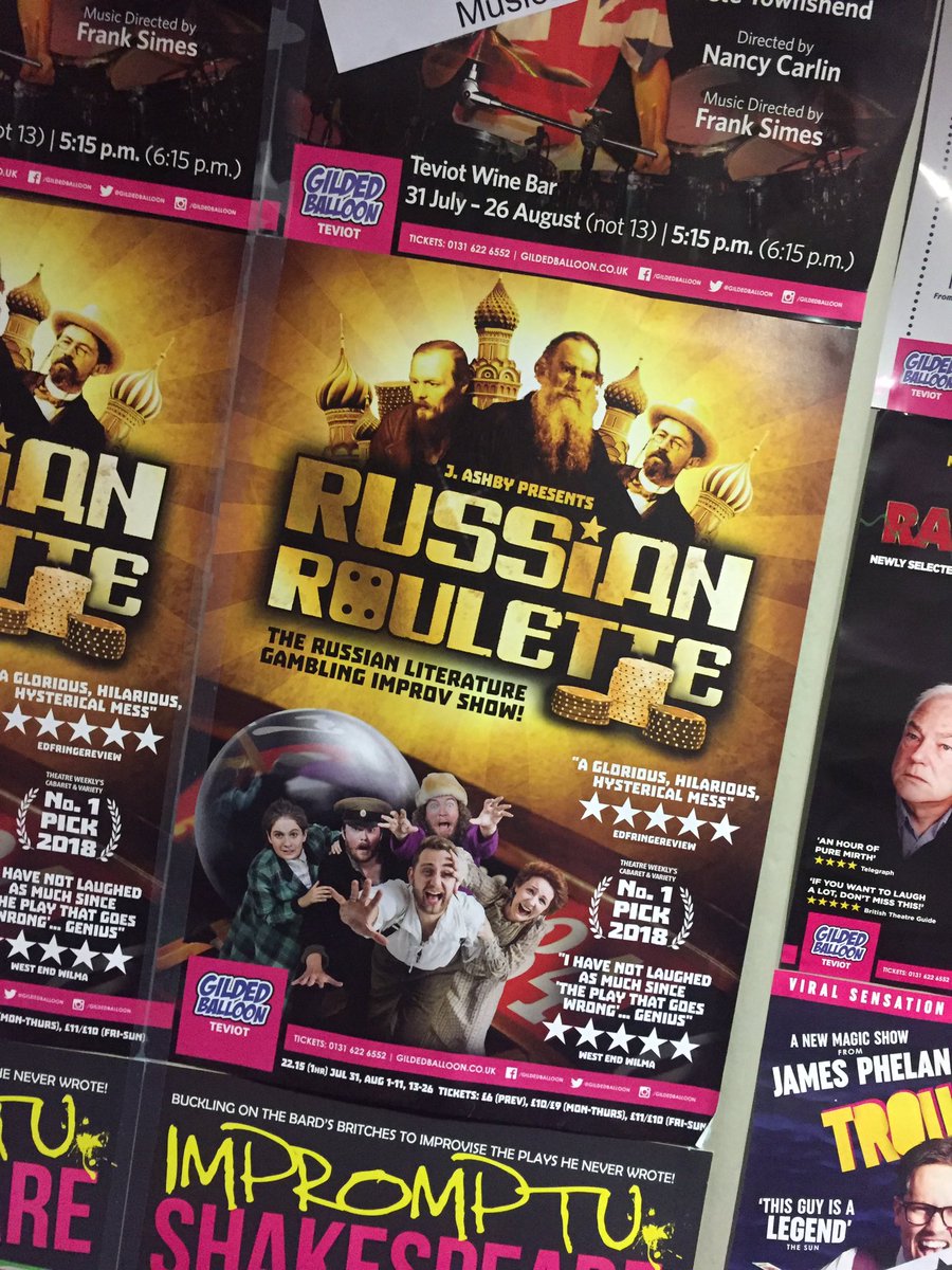 Just came out of <a href="/TheRussianShow/">Russian Roulette</a> (our 3rd time- Twice last year) it is in amazing form. Absolute bonkers hilarity. There’s no disputin’ there was one fine Rasputin on stage tonight and remember “Burden is made of murder.” Buy, steal, or rig an election to get a ticket! #edfringe