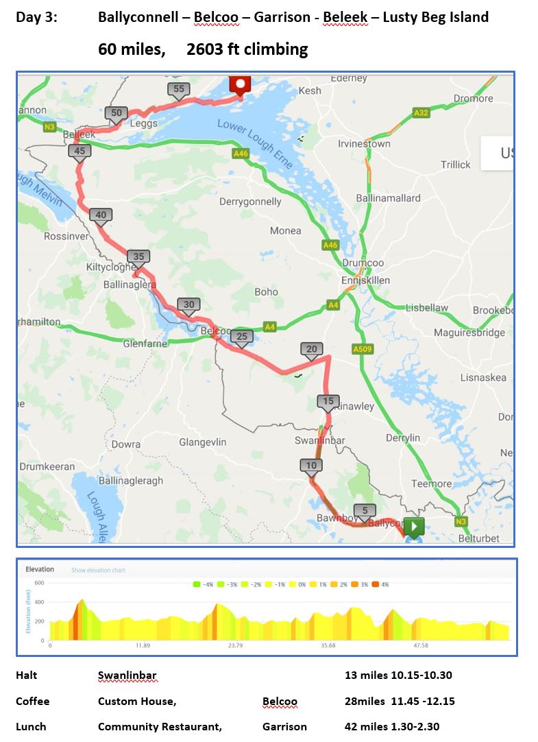 Seamus McAleer (@seamusmcaleer) on Twitter photo #softbordercycle Day 3 Plan.
Tomorrow we loop round to Swanlinbar, with a brief stop. Then past Florencecourt & on to Blacklion, crossing to coffee in the Custom House, Belcoo. Next Garrison for lunch & over a real hill to Beleek, rolling to Lusty Beg aound 6pm <a href="/FriendsCCNI/">Friends of the Cancer Centre</a> #softbordercycle Day 3 Plan.
Tomorrow we loop round to Swanlinbar, with a brief stop. Then past Florencecourt & on to Blacklion, crossing to coffee in the Custom House, Belcoo. Next Garrison for lunch & over a real hill to Beleek, rolling to Lusty Beg aound 6pm <a href="/FriendsCCNI/">Friends of the Cancer Centre</a>