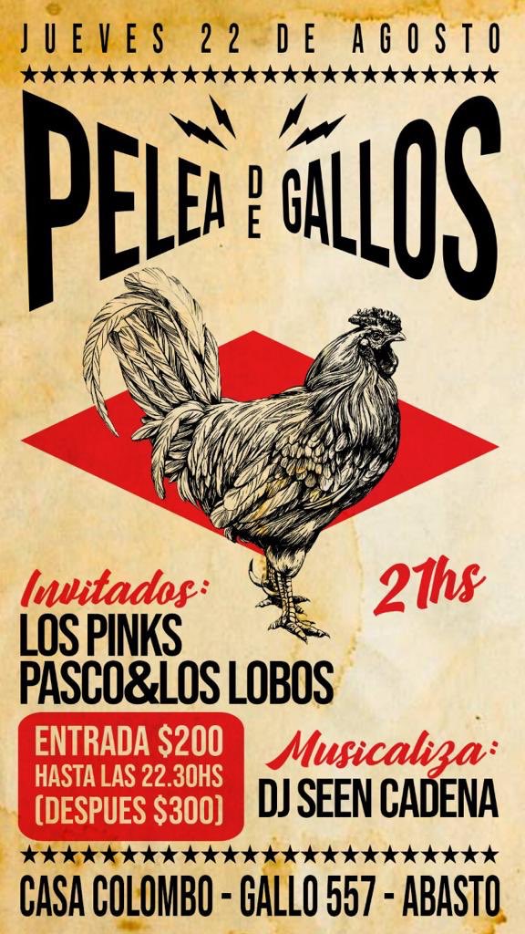 peleadgallos's tweet photo. Jueves 22 en @CasaColomboCC, en el barrio de #abasto. Entradas $200 hasta las 22:30 hs. Lxs esperamxs!! #tocapelea https://t.co/4N4gTaWJLQ