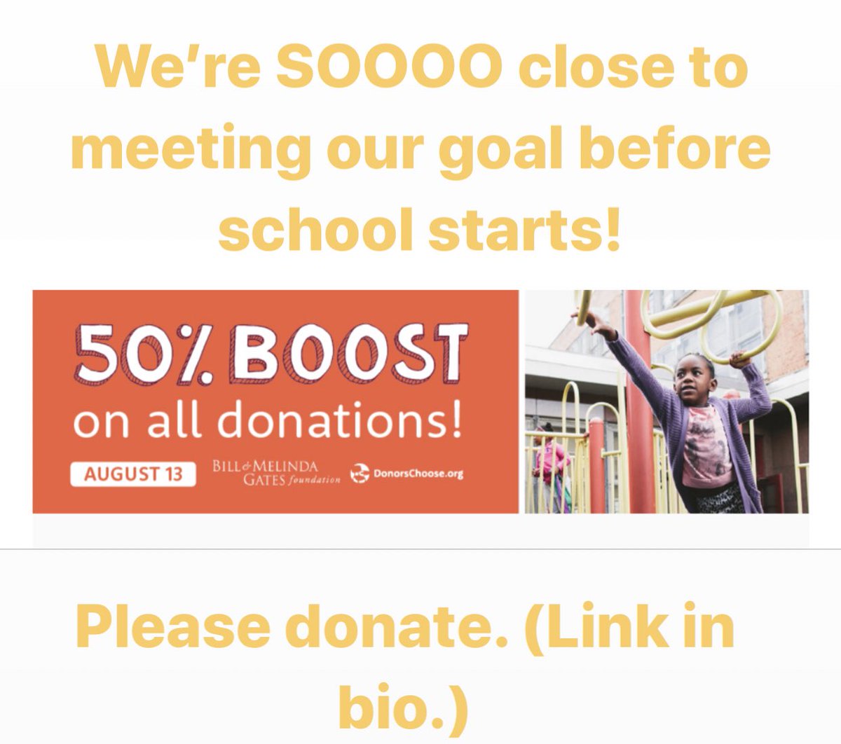 HendleyPk3's tweet photo. Huge shoutout to @gatesfoundation for boosting all donations made today. Before you grab your evening #Starbucks check out our project. https://t.co/9a2oWHFVGs #literacy #read #backtoschool #BackToSchool2019 #earlychildhood #ece #TeacherTalkTuesday #teacher https://t.co/ZHsLBc2UxV