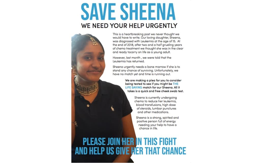 RupanjanaDutta's tweet photo. An eighteen year old Watford girl, who is an aspiring doctor has five weeks to find a bone marrow match to save her life. Her family is urging the community for help with tissue donor. #savesheena. Our story in @AsianVoiceNews
https://t.co/dDtWk9BJx6 https://t.co/FkrFy7PWM9