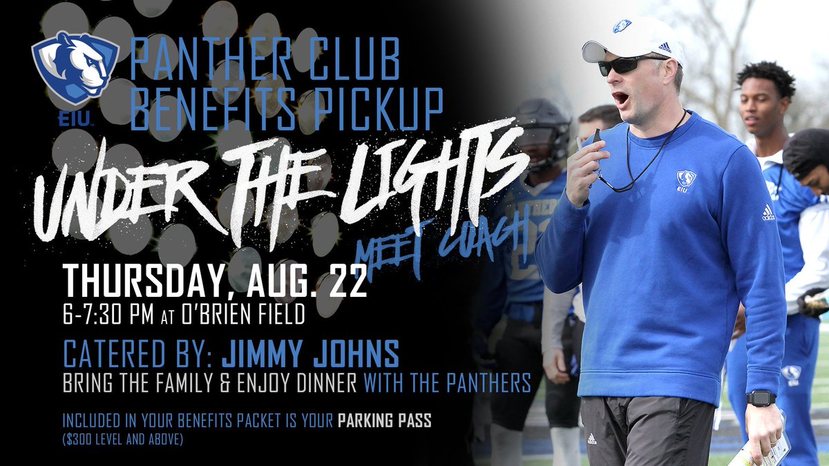 eiupantherclub's tweet photo. Panther Club Members Benefits Pickup and Meet and Greet to be held on Thurs., Aug. 22, 6-7:30 p.m. Under the Lights at O'Brien Field. Bring your family and have dinner with FB players &amp; coach Cushing. Attending? RSVP: 581.6001. Catered by JJ's for PC members. Renew or join today! https://t.co/vTDRJqm9Lq