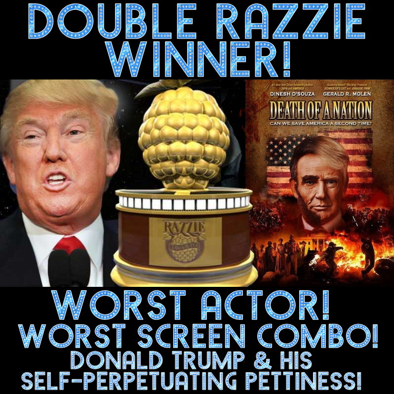windthin's tweet photo. @tonyposnanski He might be #EmmylessDonald, but he has two #Razzies!

#GoldenRaspberry #GoldenRaspberryAward #GoldenRazzies #WorstActor #WorstPresident #WorstScreenCombo #PettyDon https://t.co/7rMZ7spmr8