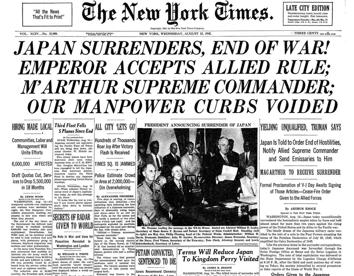 Image result for New York Times, 15 August, 1945