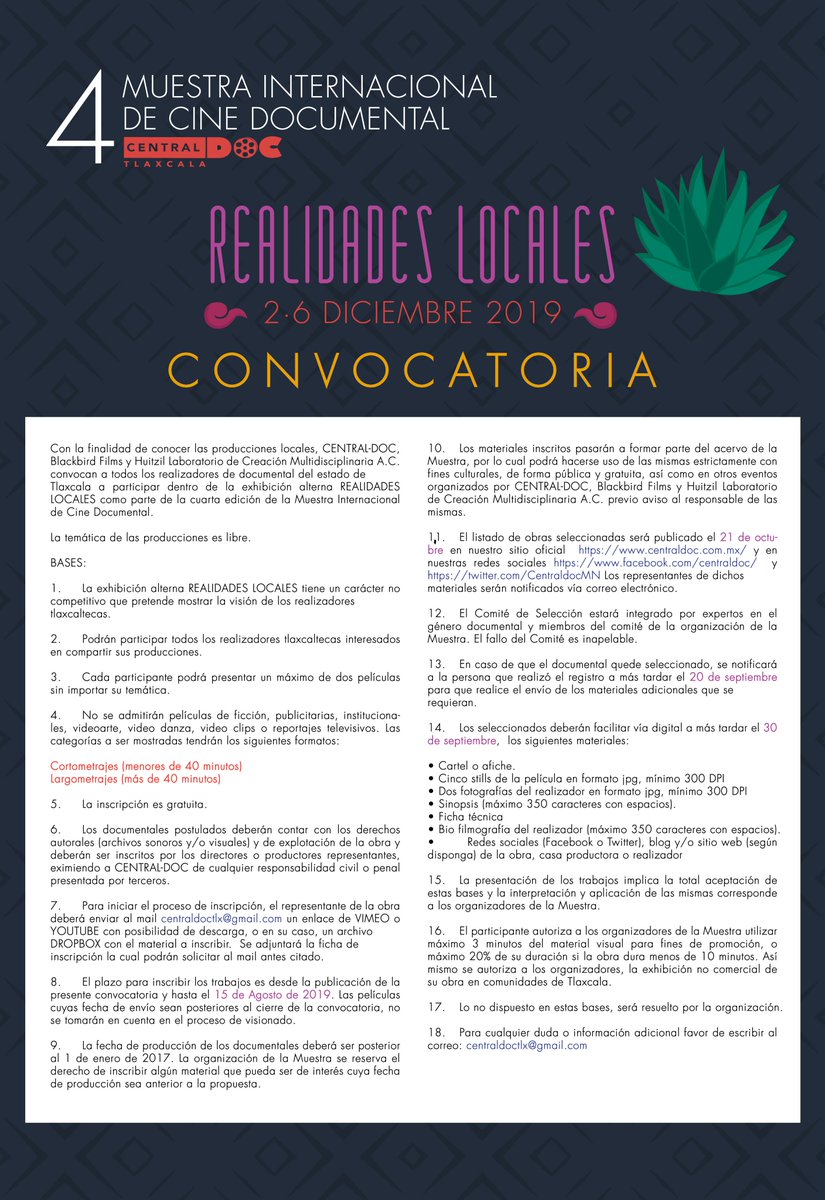 central_doc's tweet photo. ⚠️CIERRE DE CONVOCATORIAS 15 DE AGOSTO⚠️ 
Amigos no dejen pasar la oportunidad de formar parte de la 4a Muestra Internacional de Cine Documental.  Aún están a tiempo de mandar sus producciones‼️ Todos los detalles en 👉 https://t.co/EGwnfIgpwT 👈
#centraldoc #máscine #deadline https://t.co/chMIT4HCwR