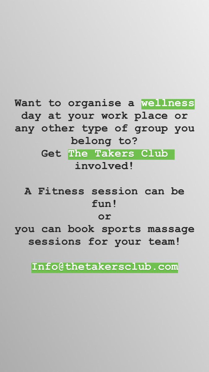 TheTakersClub's tweet photo. We can host your Fitness sessions or sports massage therapy session. #wellnessday #workwellnessday https://t.co/hl3snr1YNB