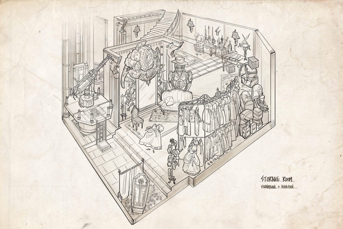 Some other old work, it was a set of these victorian characters and I designed the Bedroom, Storage and training room of the assassin 'Lady Rose'. The piano has a hidden key combo, once you hit it the bed will raise and you access the storage room with all her weapons/outfits.