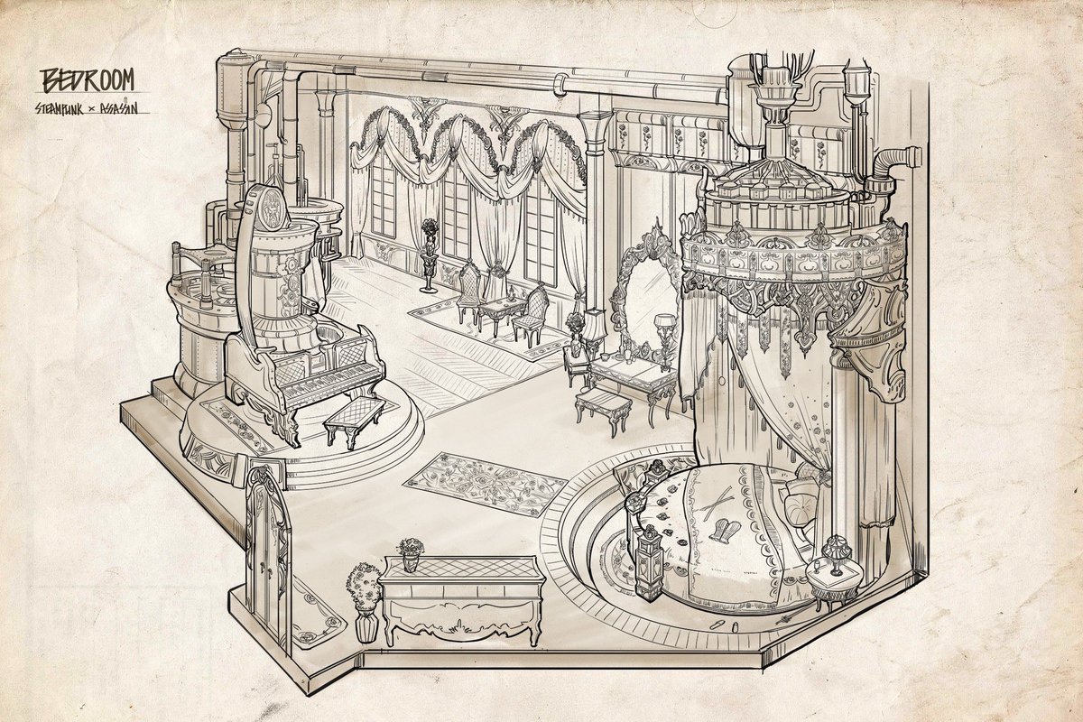Some other old work, it was a set of these victorian characters and I designed the Bedroom, Storage and training room of the assassin 'Lady Rose'. The piano has a hidden key combo, once you hit it the bed will raise and you access the storage room with all her weapons/outfits.