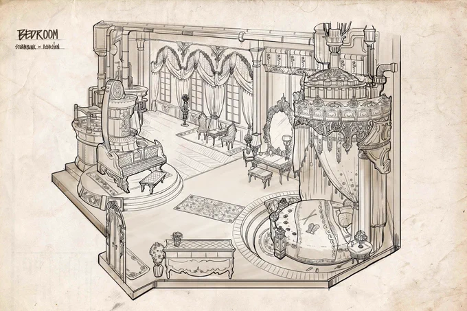 Some other old work, it was a set of these victorian characters and I designed the Bedroom, Storage and training room of the assassin 'Lady Rose'. The piano has a hidden key combo, once you hit it the bed will raise and you access the storage room with all her weapons/outfits. 