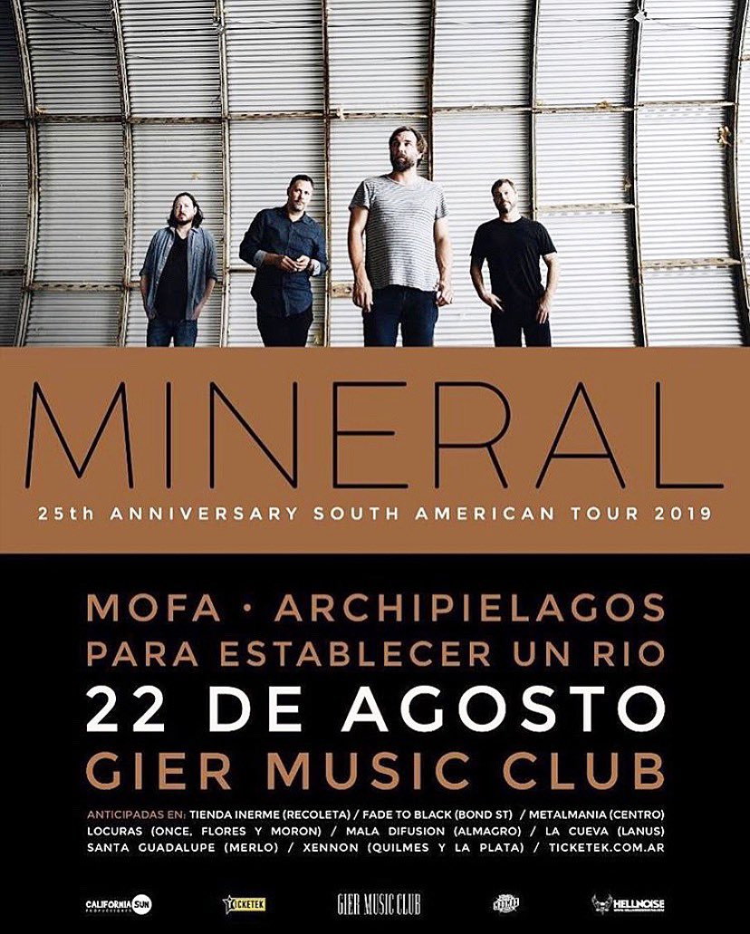 inermediscos's tweet photo. La semana próxima tendremos la oportunidad de ver a una de las bandas icono del emo. @officialmineral por primera vez en Argentina celebrando sus 25 años de carrera y los acompañarán los locales @mofabrigade @archipiegalos y #paraestablecerunrio 22/8 19 en @giermusicclub https://t.co/1NVCfhuqYi