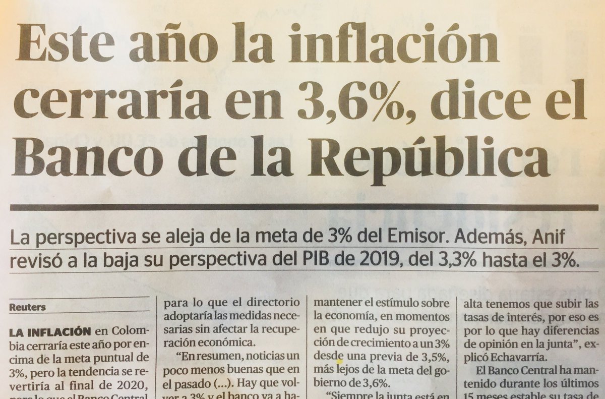BoxmillDevs's tweet image. Colombia's central bank, el Banco de la Republica,
forecasting year end inflation outturn for 2019 of 3.6% #boxmill #colombia
