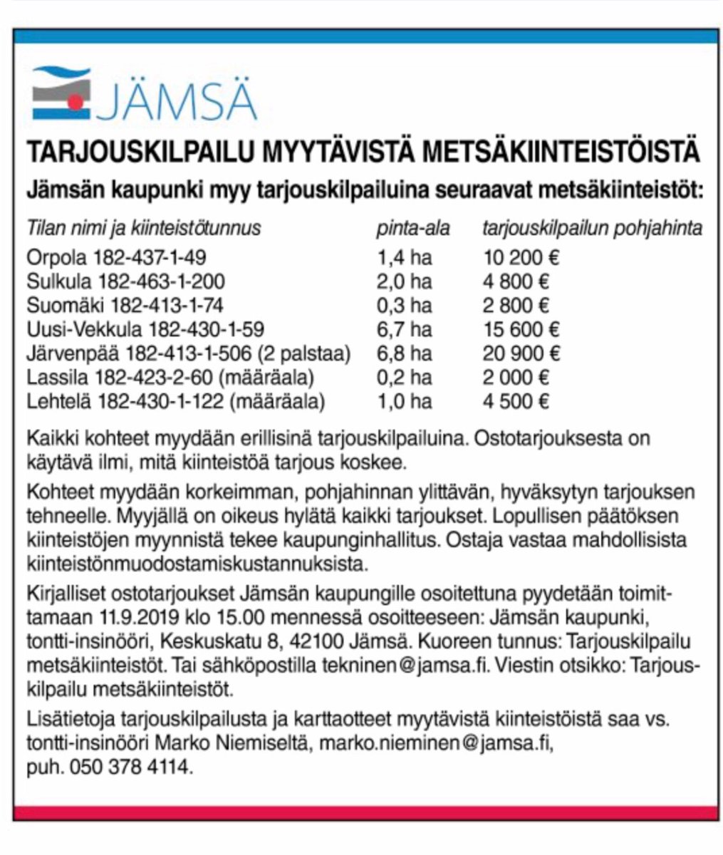 Metsätiloja myynnissä Jämsän kaupungilla, lisätietoja vs. Tontti-insinööri Marko Niemiseltä p. 050 378 4114. <a href="/JamsanK/">Jämsän kaupunki</a> #jämsä #metsä