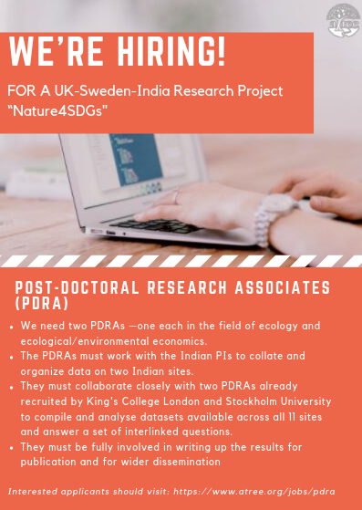 We are hiring two Post-Doctoral Research Associates for the project Nature's contribution to poverty alleviation, wellbeing and the SDGs (Nature4SDGs).
Last date to Apply: August 31st, 2019
More Info: buff.ly/31Cz0ei
<a href="/sthlmresilience/">Stockholm Resilience Centre</a>