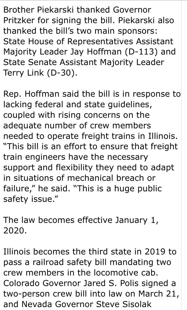 LVSusanNV's tweet photo. I was proud to sponsor #AB337, also known as the two-person train bill, during the 2019 #NVLeg Session! It’s great to see that Illinois has become the third state this year to pass legislation requiring a two-person crew on certain railroads transporting freight! #Publicsafety https://t.co/rAsRB06HCS