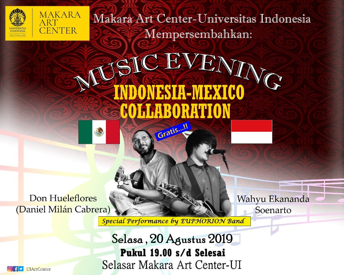 uiartcenter's tweet photo. GRATIS!!! 
Don Hueleflores akan pentas pada:
Hari/Tanggal    : Selasa, 20 Agustus 2019
Pukul          : 19.00 s/d selesai
Tempat             : Selasar Makara Art Center

Pertunjukan ini bersifat Gratis dan terbuka untuk umum

Informasi:
Eko
08161417650/ (021)78883290 https://t.co/J8xVMl18Q6