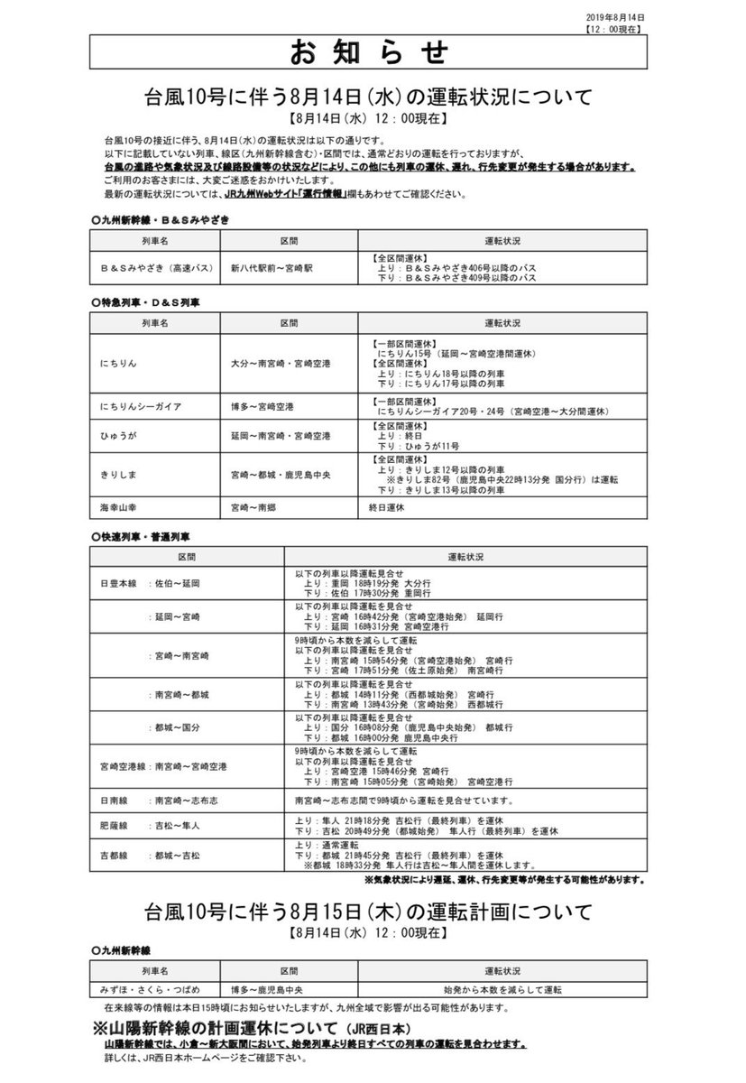 Jr九州 列車運行情報 福岡 北九州エリア 公式 On Twitter お知らせ 台風10号の接近に伴う8 14 水 の運転状況ならびに8 15 木 の運転計画は以下の通りです ご利用のお客さまには 大変ご迷惑をおかけいたします