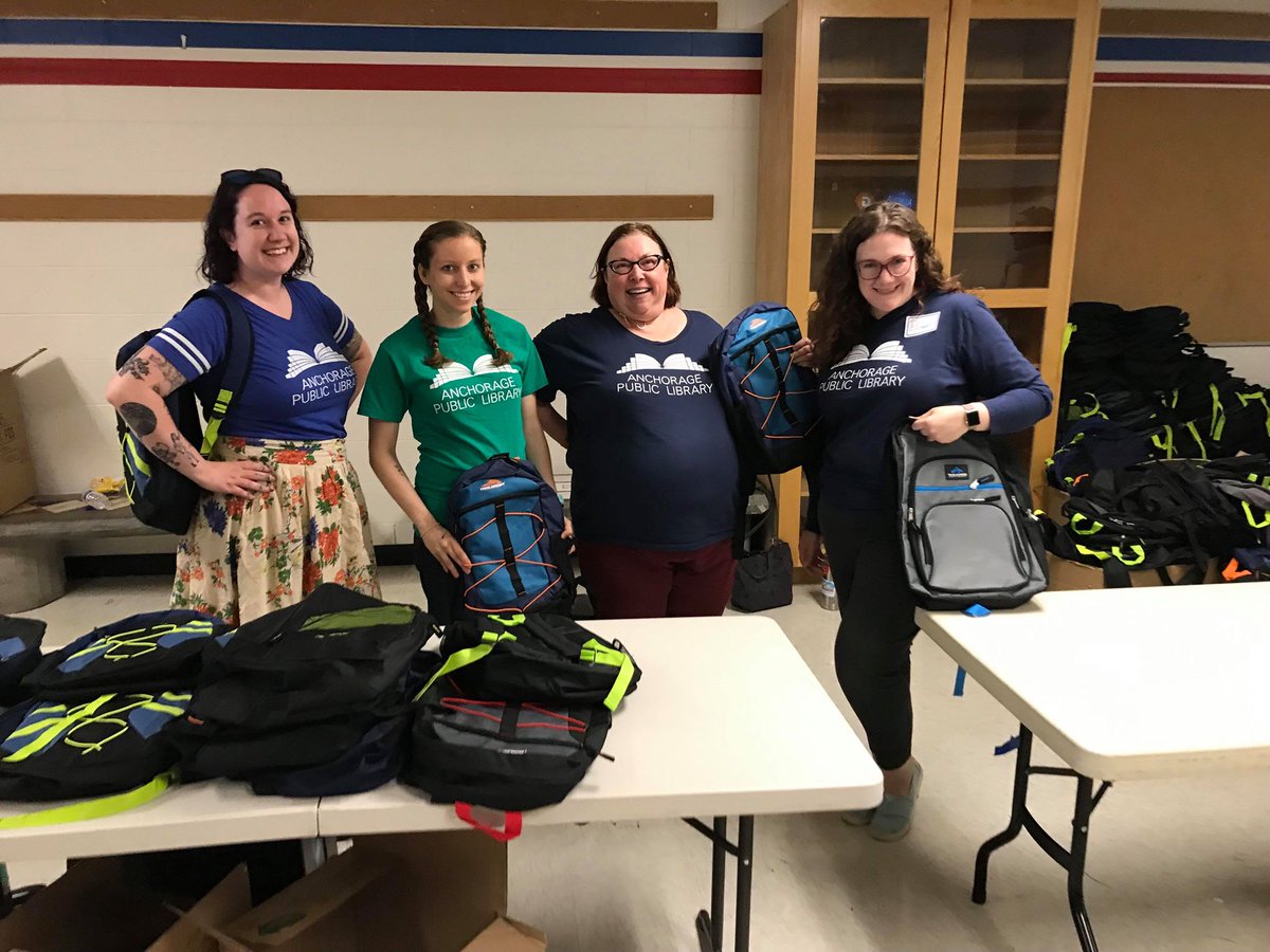 anchlibrary's tweet photo. Our YS crew was excited to support the #HUGSS Back To School event. HUGSS was the recipient of this year's #AKSummerDiscovery #ReadersToTheRescue donation from @FoLAnchorage. Patrons read an EXTRA 200,000 minutes to help us earn a $1000 donation and also donated additional items. https://t.co/bUXB4OGj3J