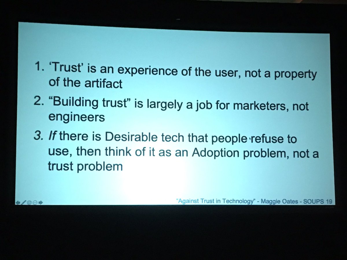 heycori's tweet photo. Good points from @oatesmeal - lets build good products, not try to boost βtrustβ in non-desirable products. #soups2019 #usesec19 #PEPR19 https://t.co/HGVO567hqp