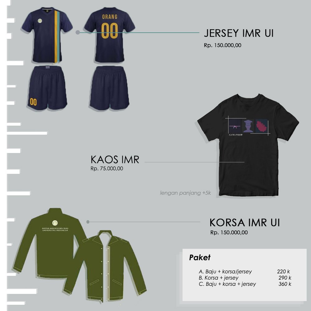 IMR_UI's tweet photo. [OPEN PRE ORDER MERCHANDISE IMR UI]

Selamat pagi Ncik &amp; Puan!

YANG DITUNGGU TUNGGU TIBA!👏

Telah hadir merchandise sebagai identitas IMR UI kita tercinta ini😊

Tunggu apalagi? Yuk segera pesan merchandise IMR UI sebelum kehabisan!
https://t.co/THTPF9ggMq

#IMRUI
#WeAreFamily https://t.co/qs8PlMPz4d