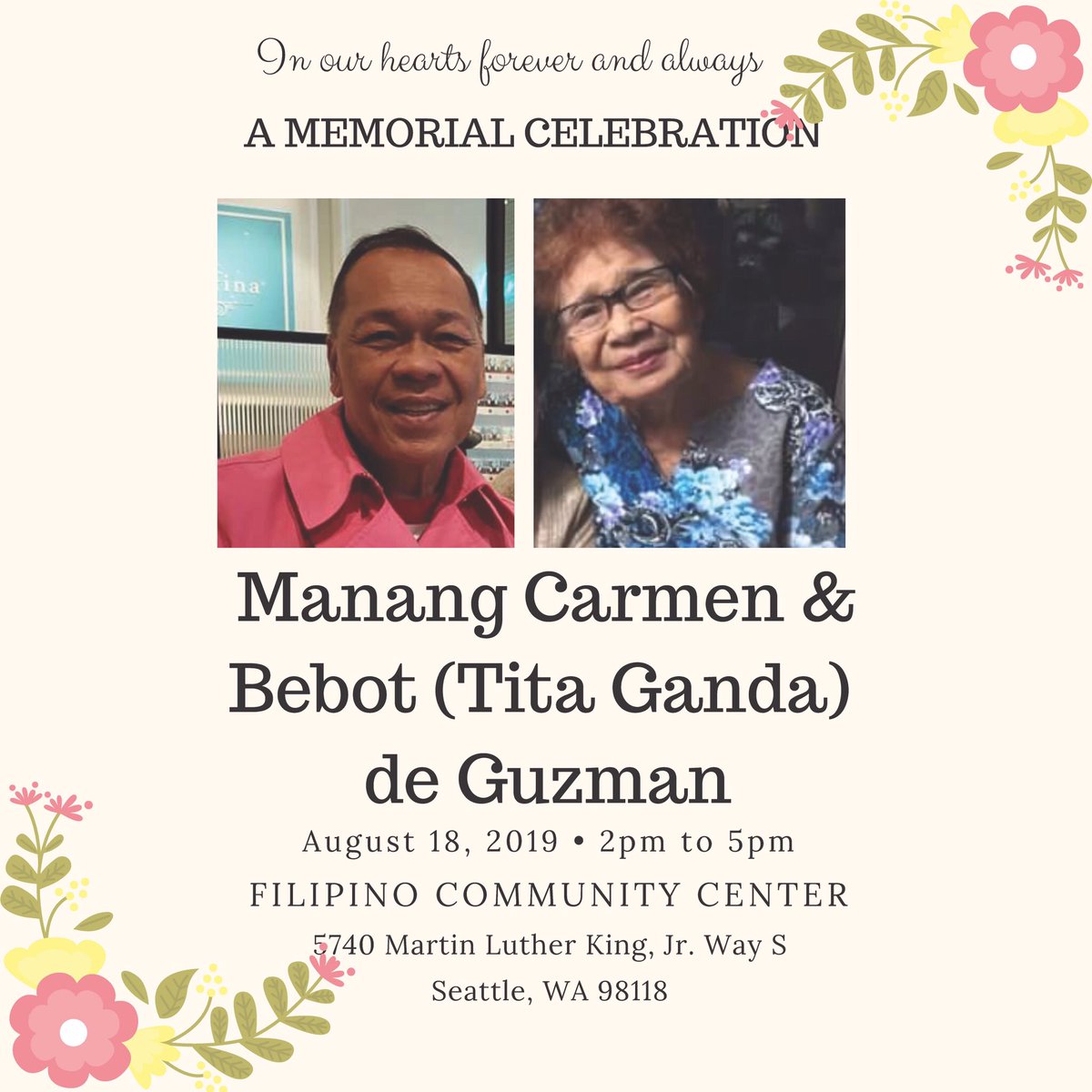 FilipinoCommSEA's tweet image. Memorial celebration for Manang Carmen &amp;amp; Bebot (Tita Ganda) de Guzman on August 18th from 2PM - 5Pm at the Filipino Community Center.