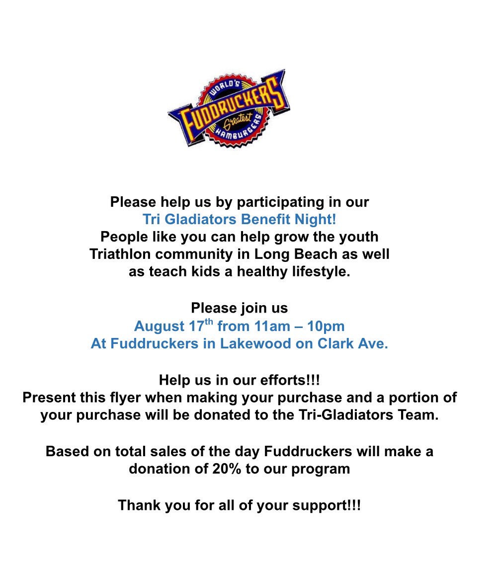 AthleticPerfor2's tweet photo. This SATURDAY!! Join us for another fundraising day ... this time at Fuddruckers in Lakewood ‼️make it a great family day and help us raise money to keep providing great events and resources to all!! #swimndash #trigladiators #triathlontrainingteam #swimming #lakewood #longbeach https://t.co/iIahFR9Q2a
