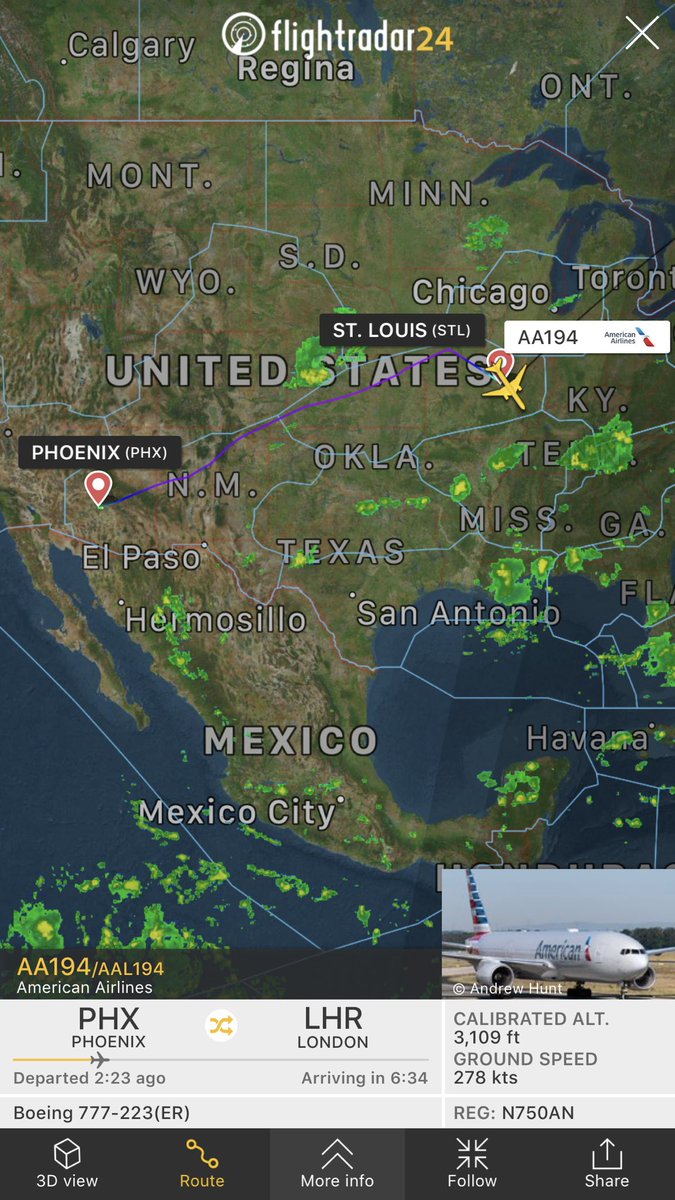 TomPodolec's tweet photo. 🔀 DIVERSION UNRULY PASSENGER
American Airlines #AA194 Phoenix to London
Diverted to St Louis
Disruptive passenger. Plane parked at remote stand. Law enforcement at the aircaft.
https://t.co/nql6wwBEkJ https://t.co/OGxKPPYHLI