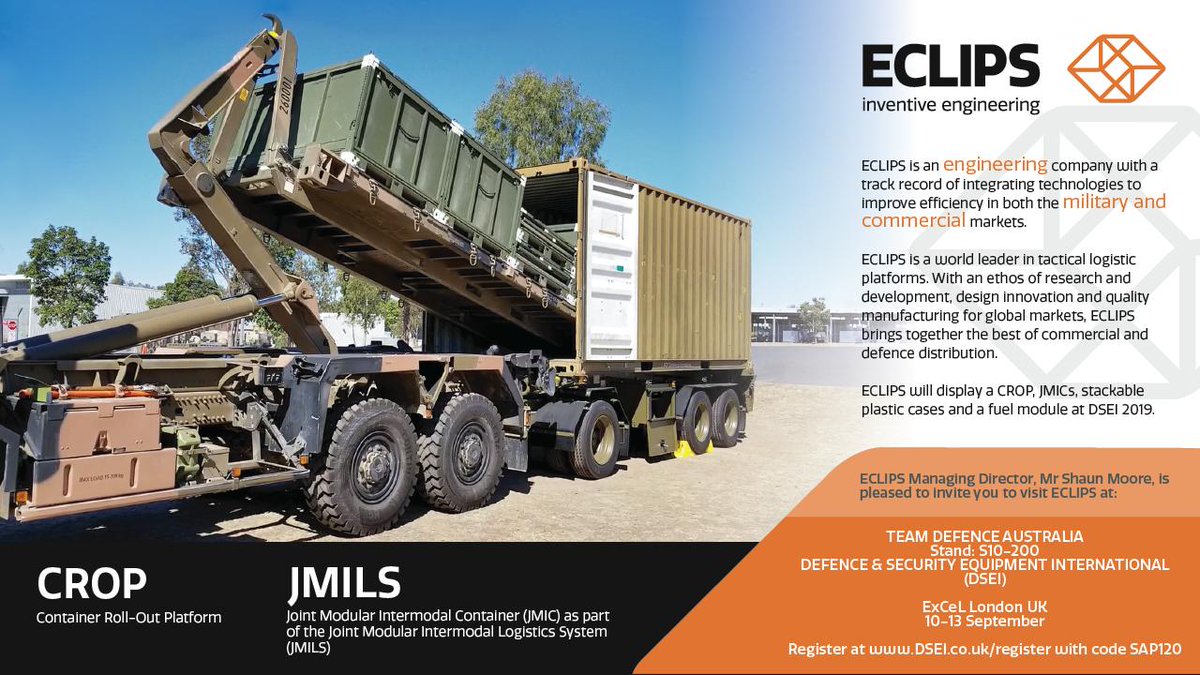 Matt_Shea74's tweet photo. Come and visit ECLIPS Engineering at #DSEI in #London 10-13 September 2019, Stand S10-200 Team Defence Australia #TDA. We will have the Joint Modular Intermodal Logistics System (#JMILS) on display with the Holmwood Highgate #MTRRS fuel system. 
Simple, Versatile and Reliable. https://t.co/NaxbLVbnmQ