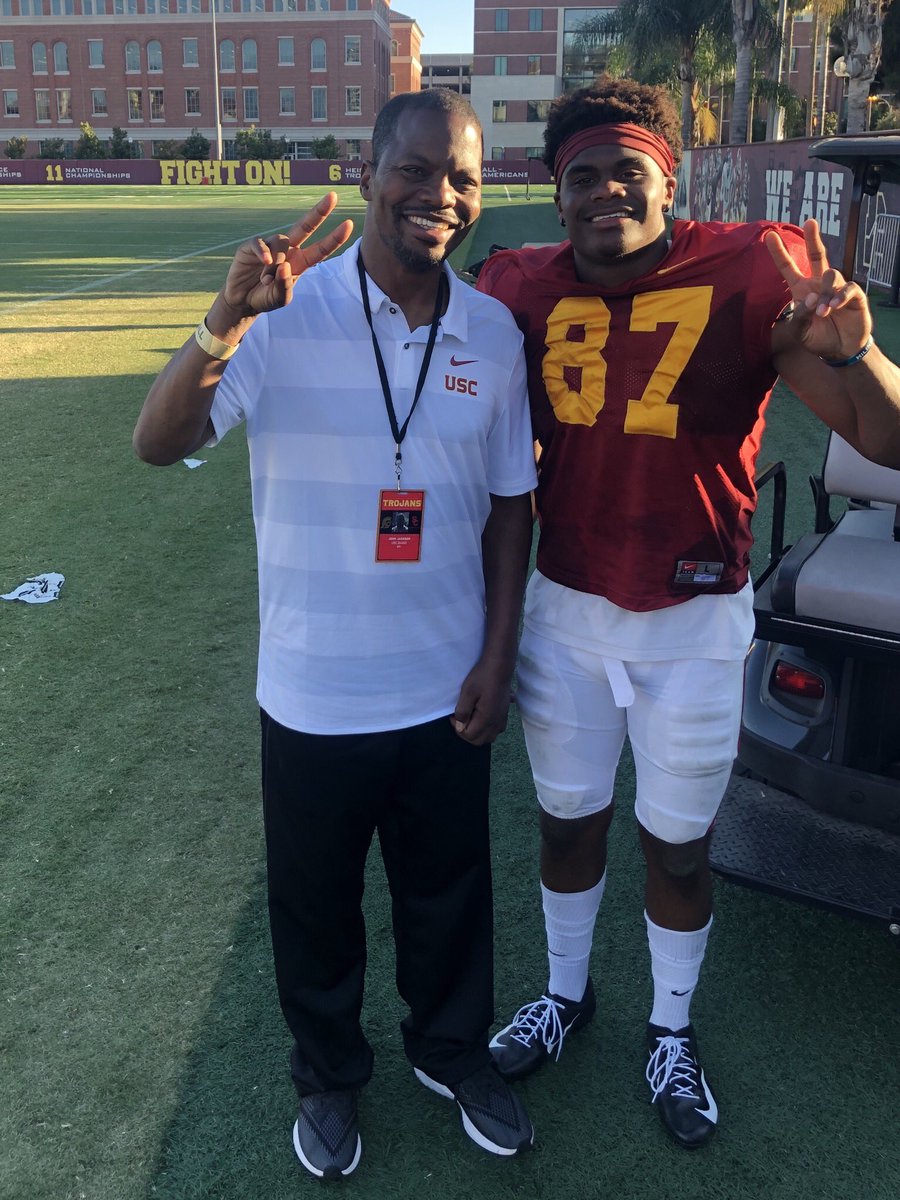 USC_Athletics's tweet photo. John Jackson worked his way back to see his son, @johnjack3_, practice in the Cardinal and Gold. #FightOn https://t.co/AO8SLJEuRO