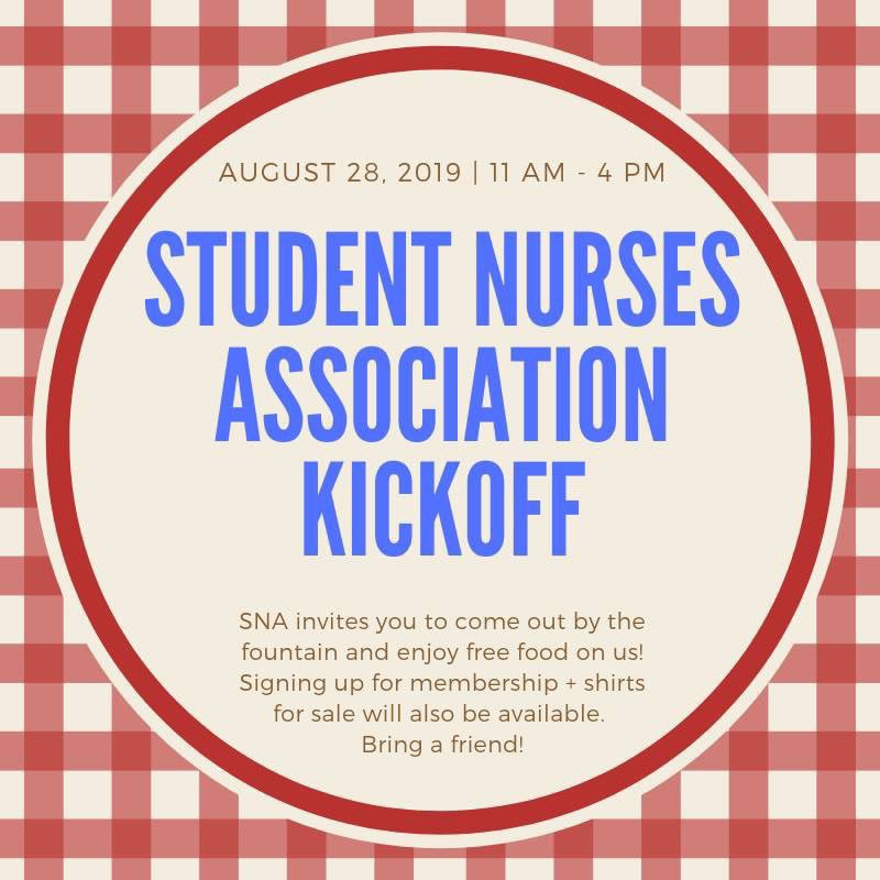 Want to know more about Student Nurses Association? Come down to the fountain for FREE FOOD and to have your questions answered!