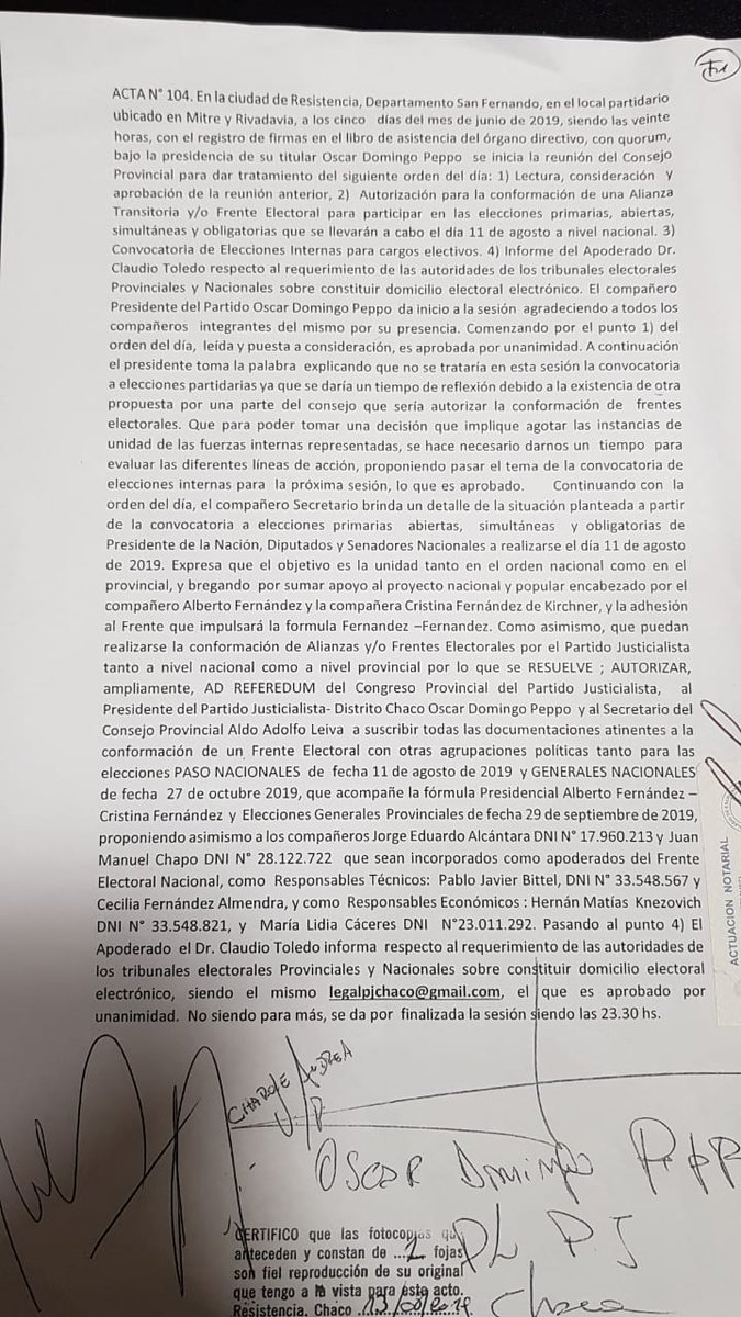 En el mes de junio de este año, por unanimidad el Consejo Provincial del Partido Justicialista,  autorizó al Presidente del Partido <a href="/domingopeppo/">Domingo Peppo</a>  a la firma de Frentes electorales para las PASO, y GENERALES nacionales y provinciales.
Con la totalidad de los Consejeros presentes.