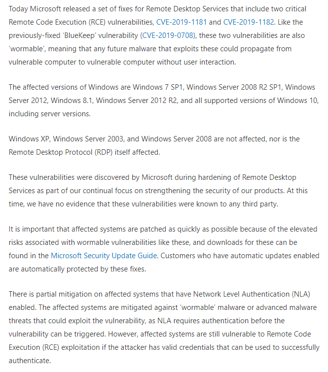 blackorbird's tweet photo. quickly update！
New #Bluekeep Appeared!
Patch new wormable vulnerabilities in Remote Desktop Services (CVE-2019-1181/1182)
https://t.co/J3cPDUYmOF
update：
https://t.co/5eBcFEqZMB 
https://t.co/hr33TUsapc https://t.co/Q5u2ClN7Sl