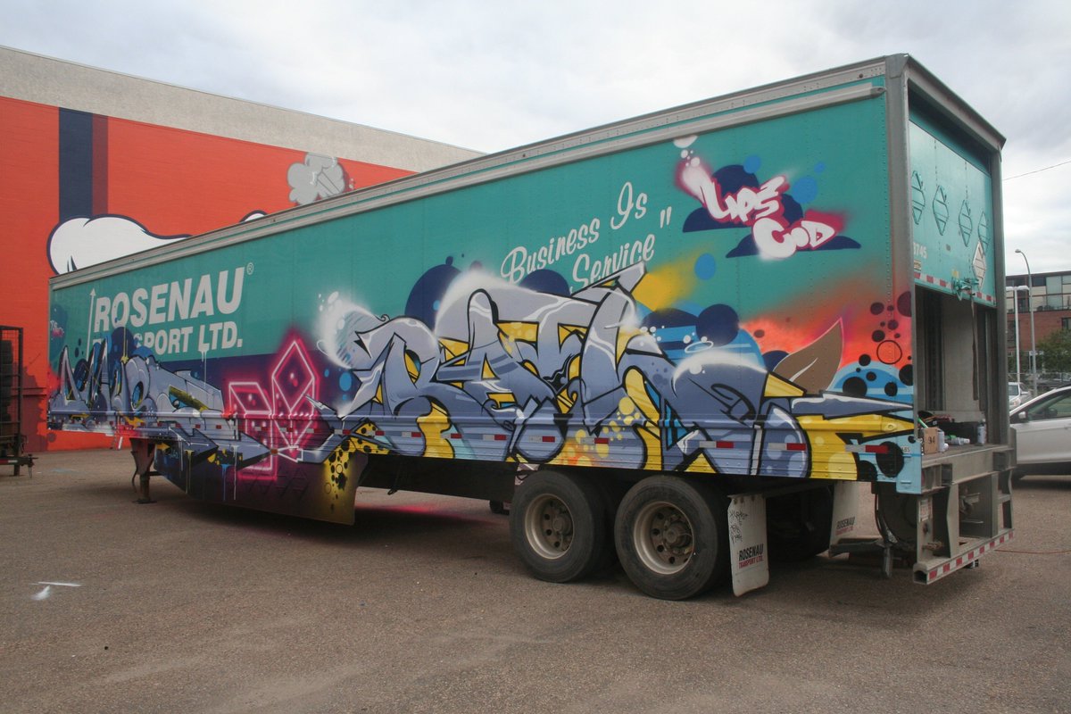 MinusIndustries's tweet photo. So cool that Rosenau Transport Ltd. got on board with #RUSTMAGIC2019. This beauty will be traveling all over North America. One of my favorite parts of #RUSTMAGIC is the impromptu #GraffitiArt #Jam. This collaboration features #AMUSE126 x @AdamFujita x #RATH. #YEG #YEGARTS #YEGSA https://t.co/vtKvsJgxHW