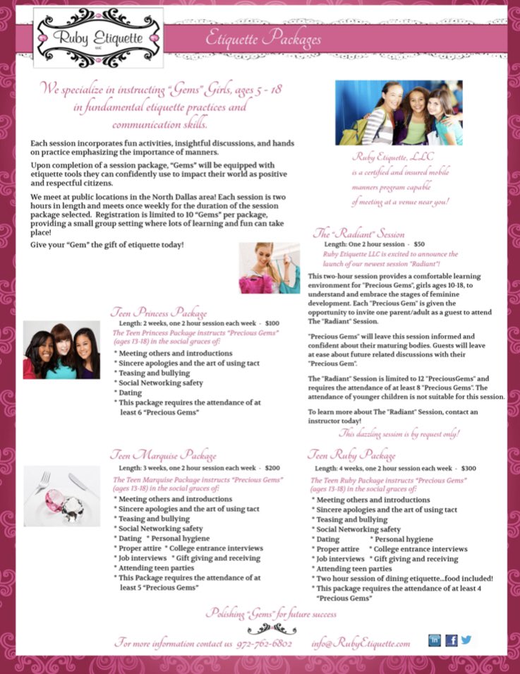 RubyEtiquette's tweet photo. Our “Precious Gems” (girls, ages 13-18) stand out as outstanding upon completing our Teen social grace sessions. Contact an instructor to learn more today. https://t.co/Uj0H1H411j