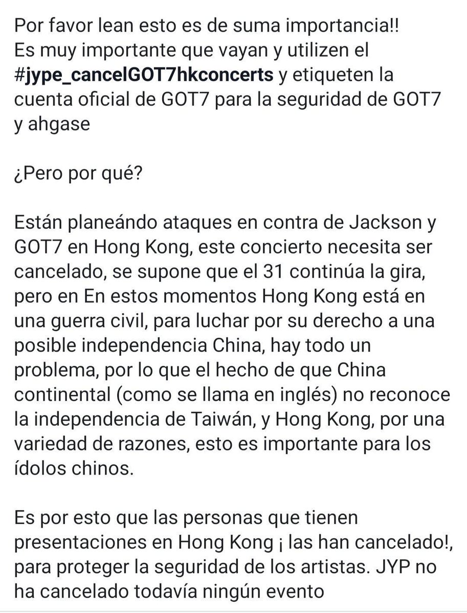 UwuAleja's tweet photo. Esto es una situación REAL!
Dejemos aun lado las diferencias de fandoms y unamonos para que se cancele el concierto de GOT7 en HK.
#JYPE_CancelGOT7HKConcerts https://t.co/x5ZJBEn704