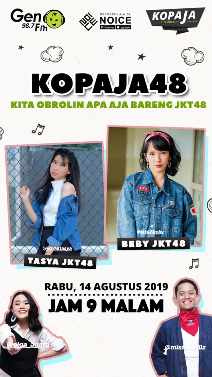 Fans48Pemalang's tweet photo. ~Malam hari ini,Di KOPAJA48 Gen 98.7 Fm jam 9 malam akan ada kedatangan member JKT48 dari Team @_JKT48TeamKIII @bebyJKT48 Dan @N_TasyaJKT48~jangan sampai ketinggalan~ https://t.co/NWHSBunBni