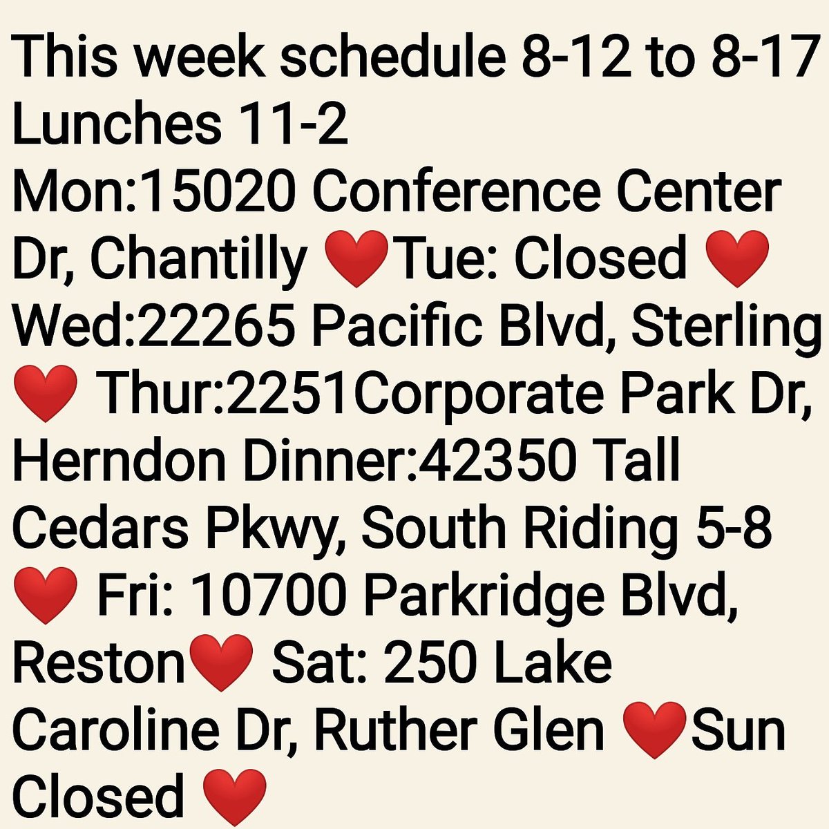 This week schedule!!! #chantilly #sterling #herndon #southriding #reston #lakecaroline #lebanesefood #foodtrucks #glutenfree #veganfood #virginia @danibelles17 @litesweet16 @Danibelles2014 @goodfynd