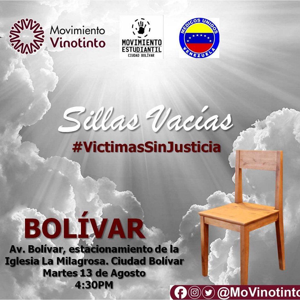 MUV_Cd_Bolivar's tweet photo. @movinotinto @TibisayTirado Sumados a la actividad de las sillas vacías Está prohibido olvidar 258 víctimas asesinadas luego de violar sus #DerechosFundamentales En la más brutal represión del derecho a #Protesta2014 #Protesta2016 #Protesta2017 Se hará #JusticiaDivinayHumana @CorteIDH @ONUDC #AugustoPugas https://t.co/OwjAeK1CEC