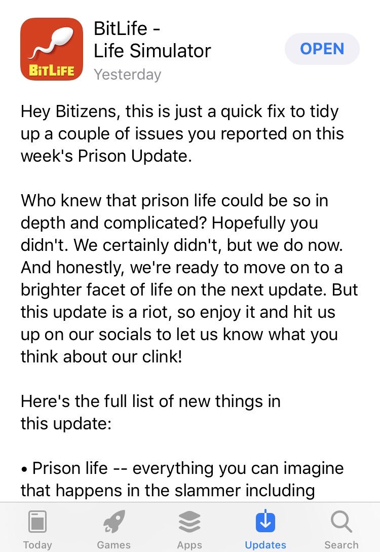 bitlifebubble's tweet photo. For those of you who didn’t know, A bug fix update was released yesterday!
@BitLifeApp #bitlife #bitlifeapp #bitlifecommunity #bitlifeupdate https://t.co/PiR1eOoboZ