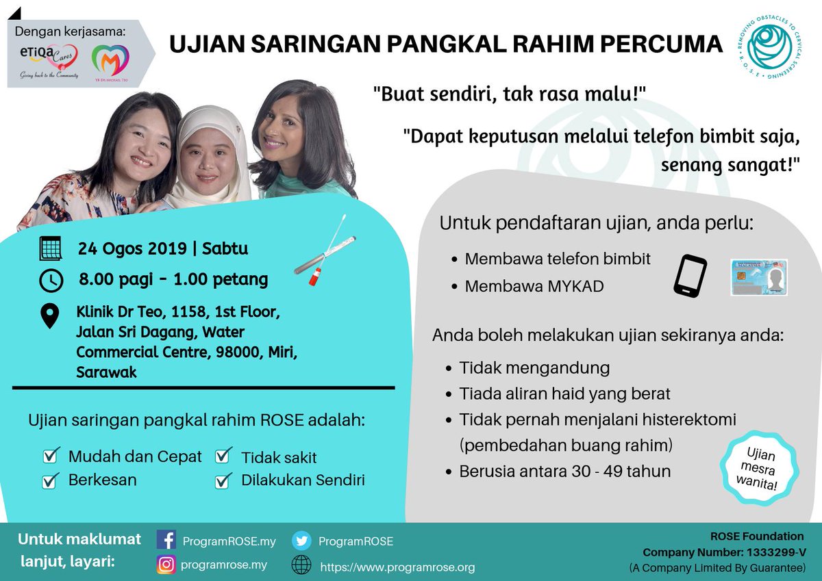 ProgramROSE's tweet photo. Pa kabar kitak orang? Kamek orang datang ke Miri &amp; Lawas! Dengan kerjasama Etiqa, Dr Michael Teo, Anggota Parlimen untuk Miri dan @KamAgongOrg, kami akan menyediakan saringan serviks ROSE secara PERCUMA yang disasarkan pada golongan B40 yang berumur antara 30-49 tahun. https://t.co/tebMANsUmM