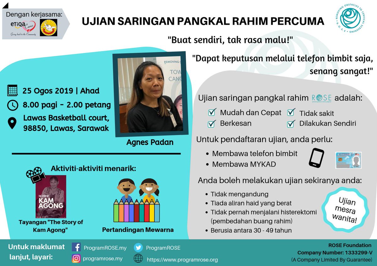 ProgramROSE's tweet photo. Pa kabar kitak orang? Kamek orang datang ke Miri &amp; Lawas! Dengan kerjasama Etiqa, Dr Michael Teo, Anggota Parlimen untuk Miri dan @KamAgongOrg, kami akan menyediakan saringan serviks ROSE secara PERCUMA yang disasarkan pada golongan B40 yang berumur antara 30-49 tahun. https://t.co/tebMANsUmM