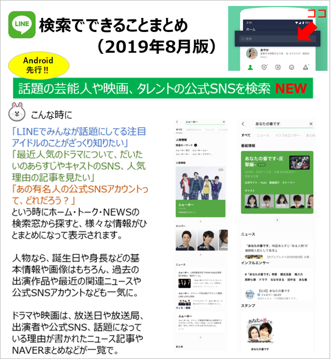 Line 突然ですが あまり知られてなさそうな Lineの検索 で探せることをまとめました 右のおニューな検索は 現在最新版のandroidのみでお使いいただける新しい検索です T Co Sfebqn8yzu Twitter