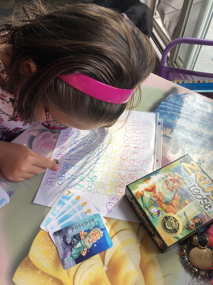 Danyelledale3's tweet photo. Another great game! Zeus on the Loose, a fun game that provides lots of opportunities for the “Make a 10” strategy as you play cards and steal the Zeus figurine when you stop on a multiple of 10. We scaffolded with a 100 chart my 5 yo made herself! #tmwyk https://t.co/BvQVrXlP8g
