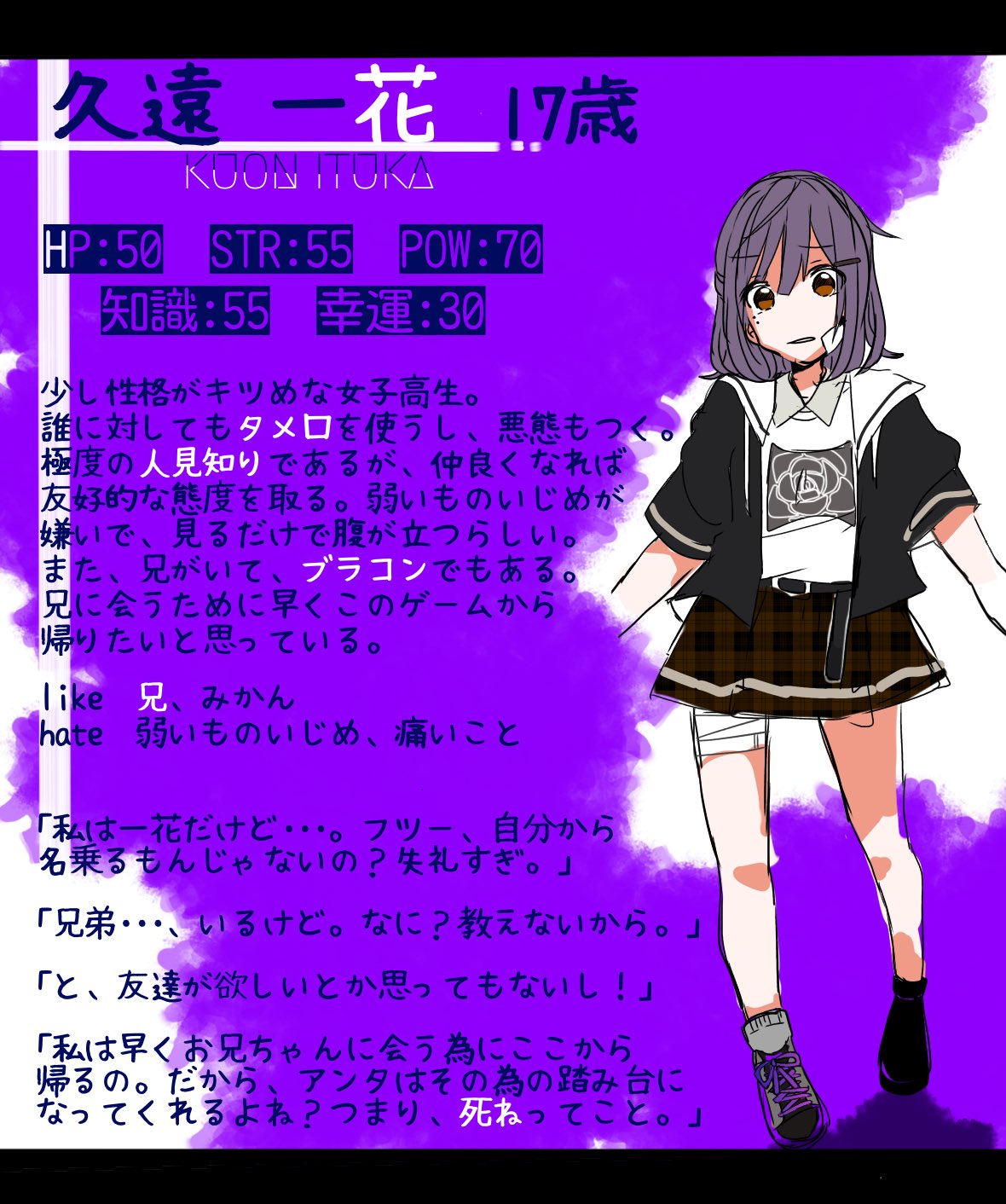 公式 Lost Lost 企画 主催キャラクター紹介 ゲーム運営側ではなく このゲームに巻き込まれた 参加者 人見知りで 誰に対してもタメ口を使ったり キツい物言いをしたりするが 弱いものいじめは嫌いだったりと根は真面目である こちらの