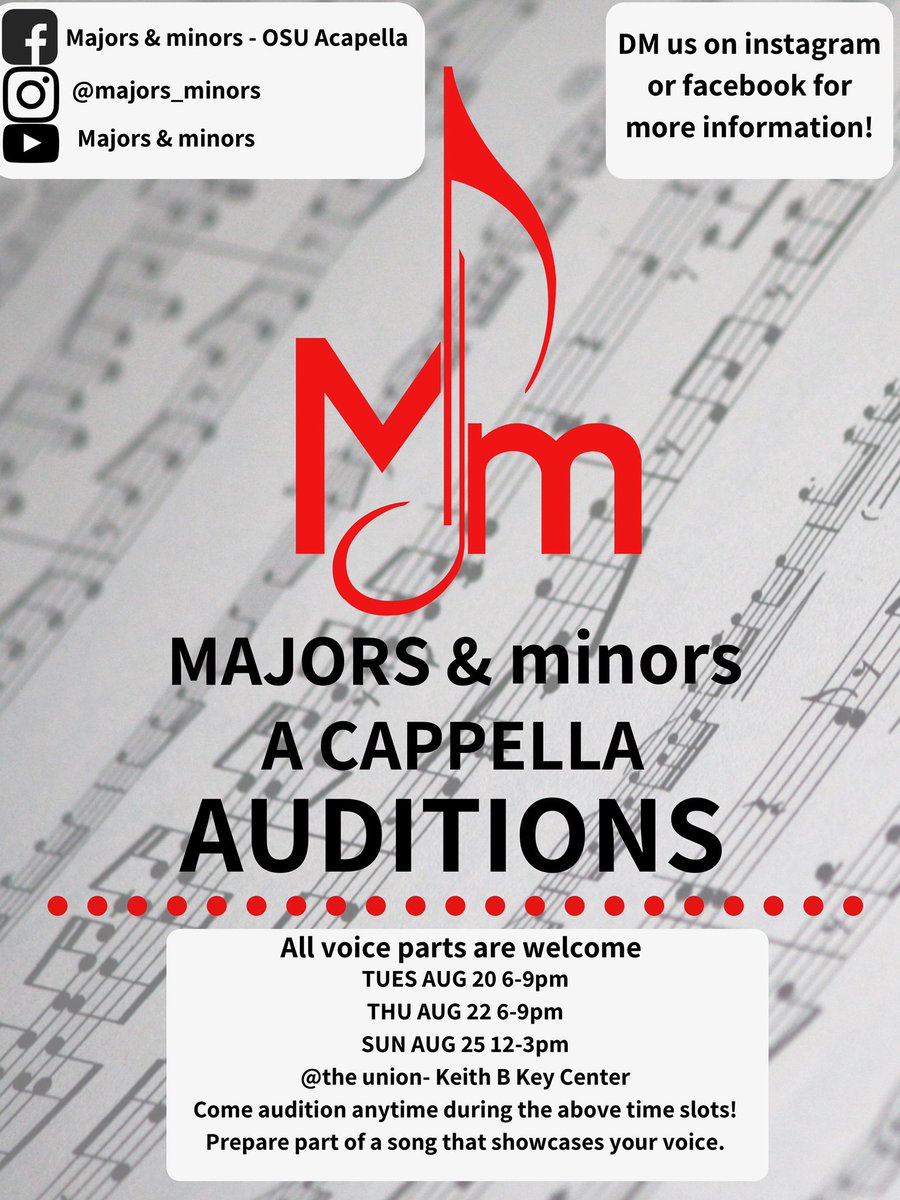 1 week from today we are having AUDITIONS! M&amp;M is looking for its newest members. Auditions will be held in the Ohio union. See the flyer for more details 🎤🎼🗣