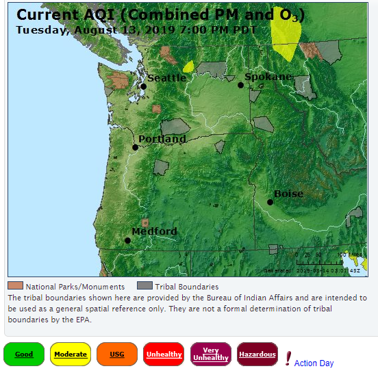NWSSpokane's tweet image. We touched a bit on this earlier today, but how remarkable the difference in air quality today vs last year!  The maps courtesy of AirNow show AQI values from Aug 13, 2019 vs Aug 13, 2018.   #whatadifferenceayearmakes #cleanair #wawx #idwx