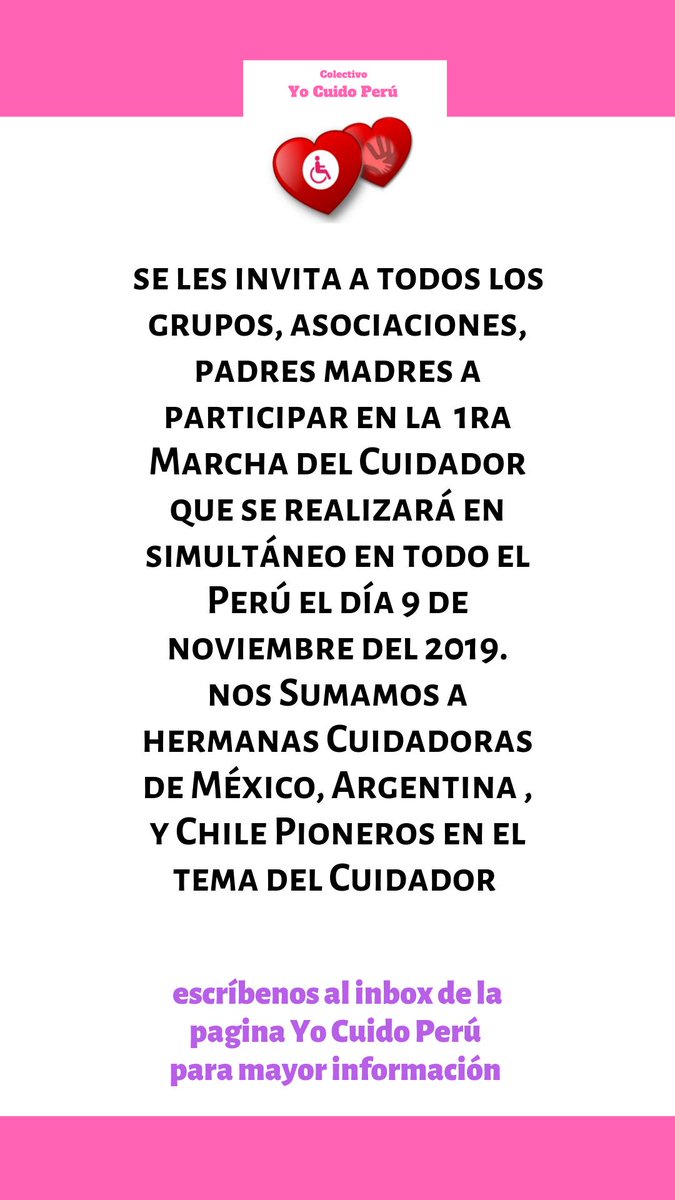 YoCuido_Peru's tweet photo. Cuidadores de Personas con Discapacidad, Enfermedad Rara ,condición diferente ,Por una Ley del Cuidador , por un Sistema de Cuidados !! Vamos Perú.
#cuidadores24x7
#YoCuidoPeru
#1raMarchadelCuidadorPeru https://t.co/TgDezgNjdC