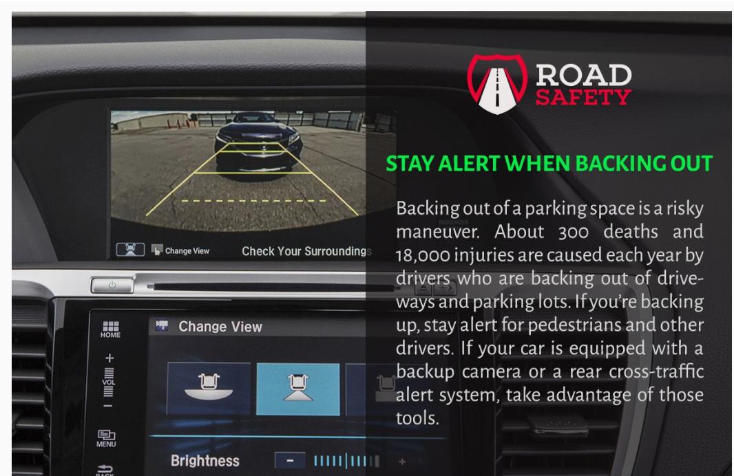 missionroadsafe's tweet photo. #Missionroadsafety Stay alert when backing out. Backing out of a parking space is a risky maneuver. If you're backing up, stay alert for pedestrians and other drivers. https://t.co/Z7HBa2o7NR